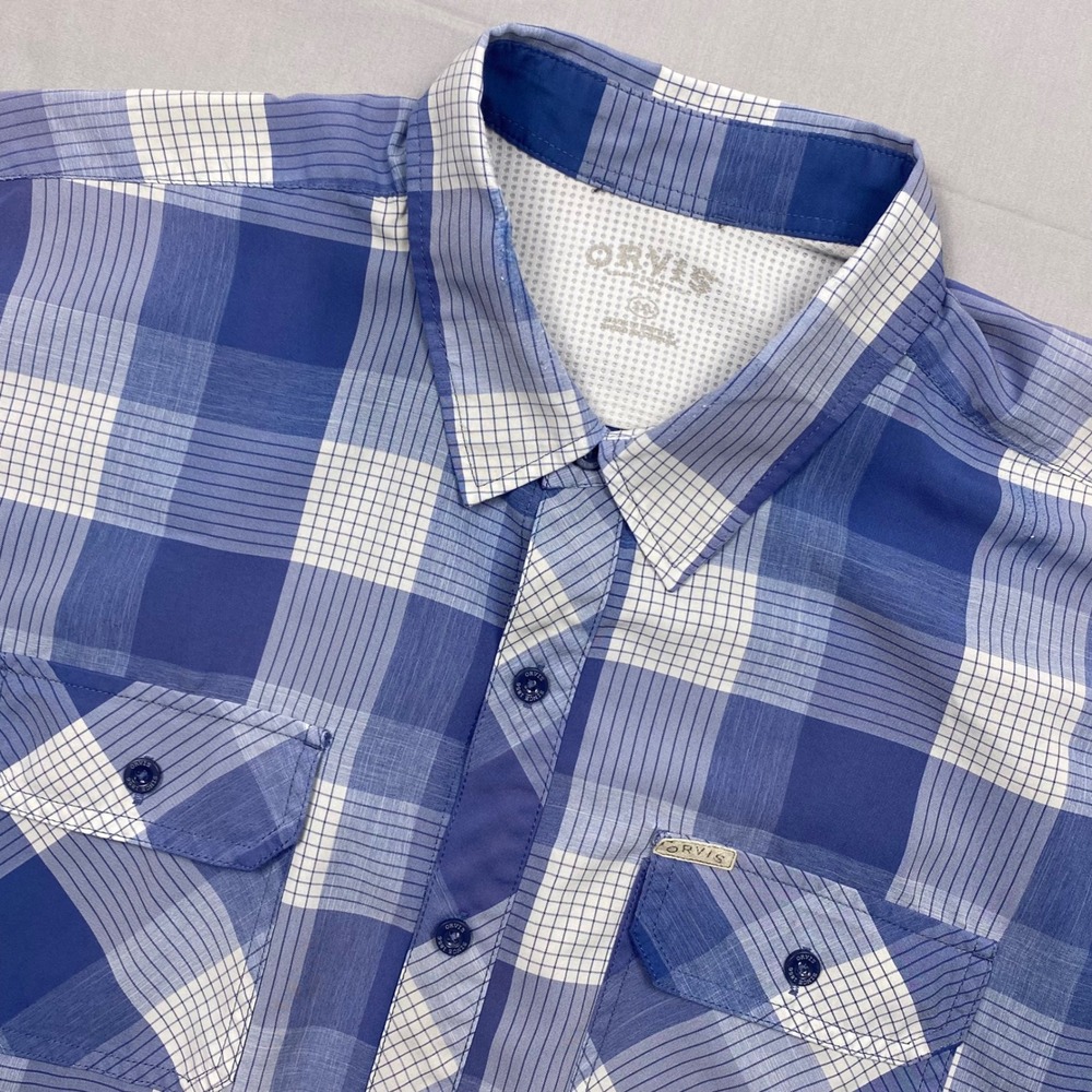 Orvis River Guide Fishing Shirt Mens 2XL XXL Blue Plaid Short Sleeve Performance